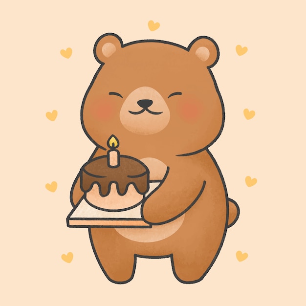 誕生日ケーキ漫画手描きスタイルのかわいいクマ