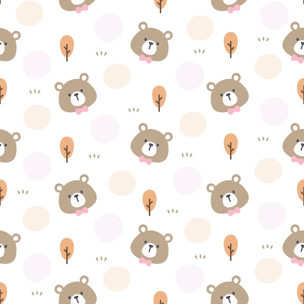 Cute bear with bow tie and tree seamless pattern background