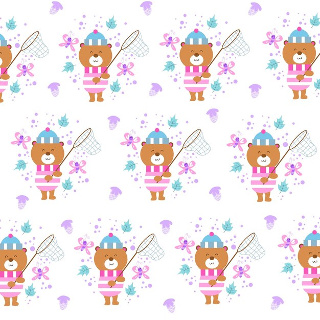 Cute bear with butterfly net vector doodle seamless pattern wallpaper