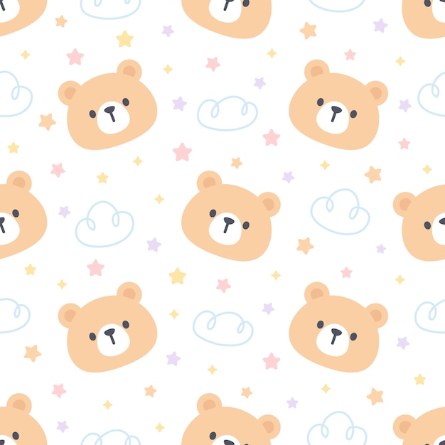 Vector cute bear with cloud and stars seamless pattern