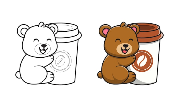Милый медведь с кофе мультяшный для раскраски