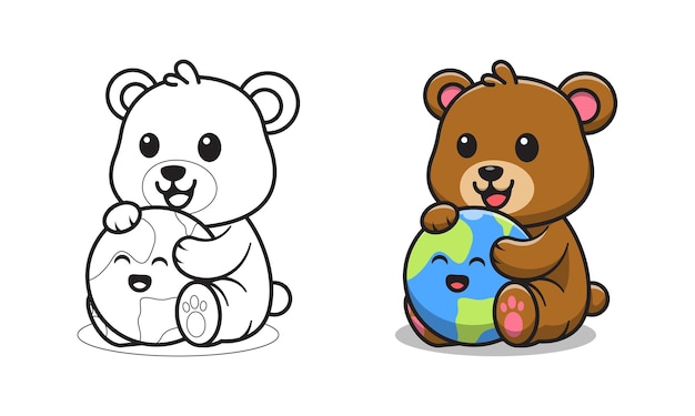 Cute bear with earth cartoon for coloring