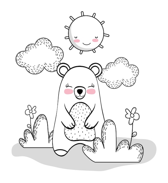 Vector cute bear with happy sun and clouds