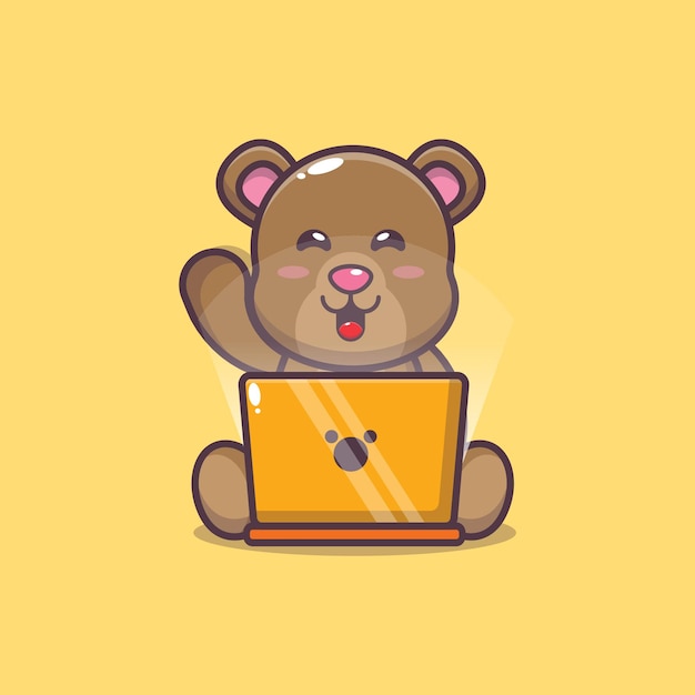 Vector cute bear with laptop cartoon vector illustration