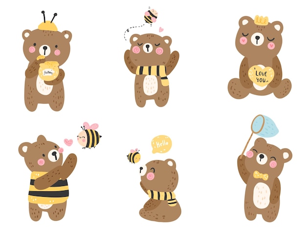 Cute bear with little bee, spring season.