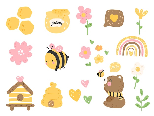 Cute bear with little bee, spring season.