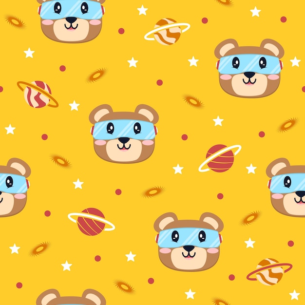 Cute Bear with Planet Cartoon Vectors Pattern Background