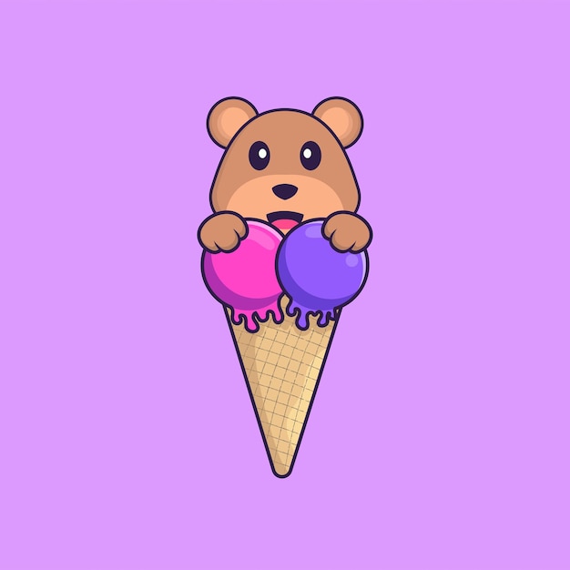 달콤한 아이스크림과 귀여운 곰 동물 만화 개념 절연
