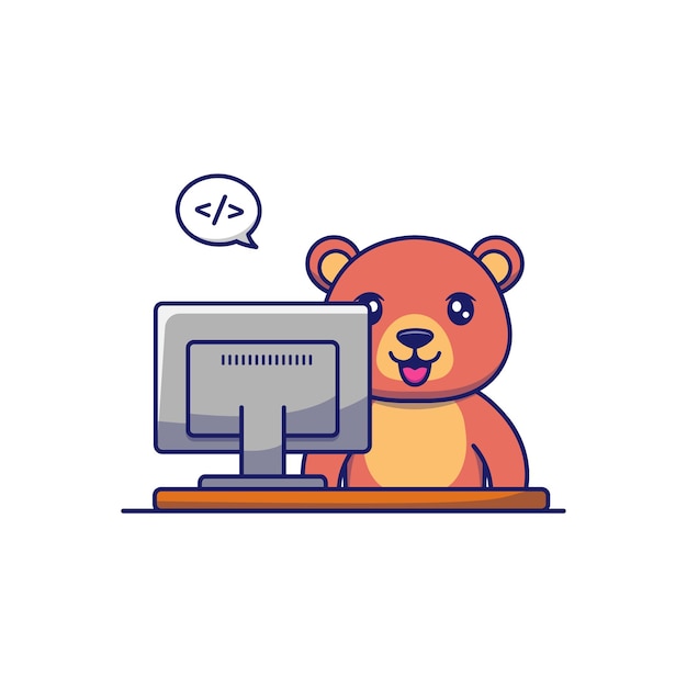 Vector cute bear working in front of computer