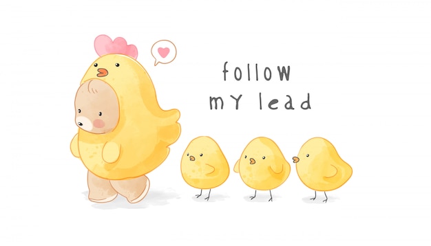 Vector cute bear in yellow chicken costume followed by baby chiks illustration