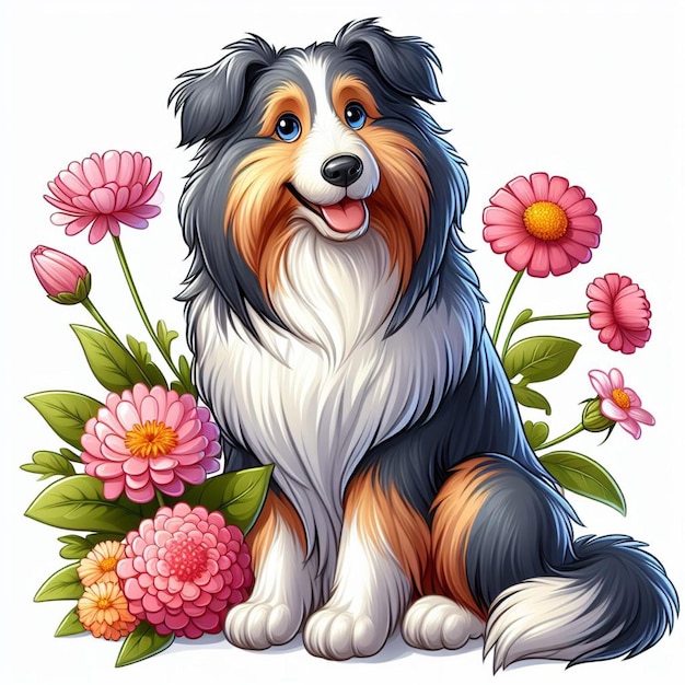 Vector cute bearded collie dog cartoon vector style white background