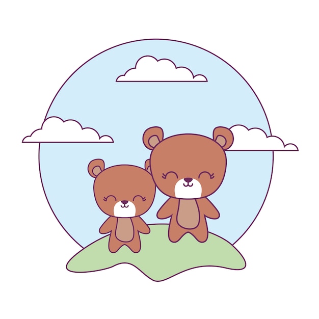 Cute bears animals in landscape