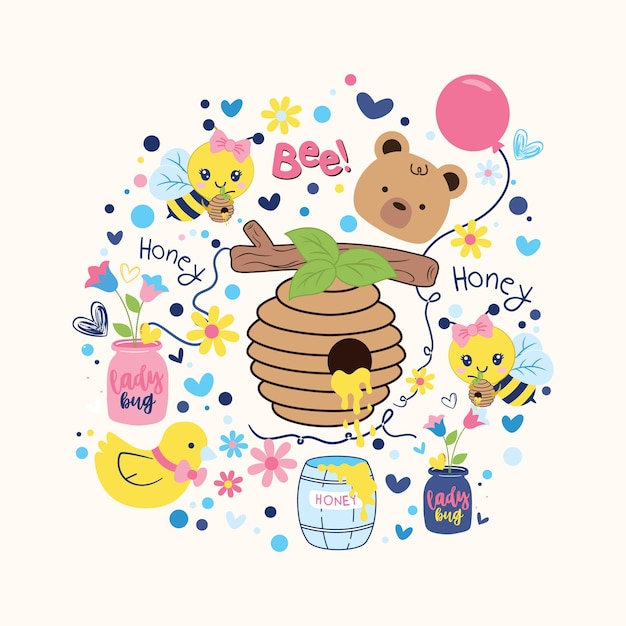 cute bears and bees with various backgrounds