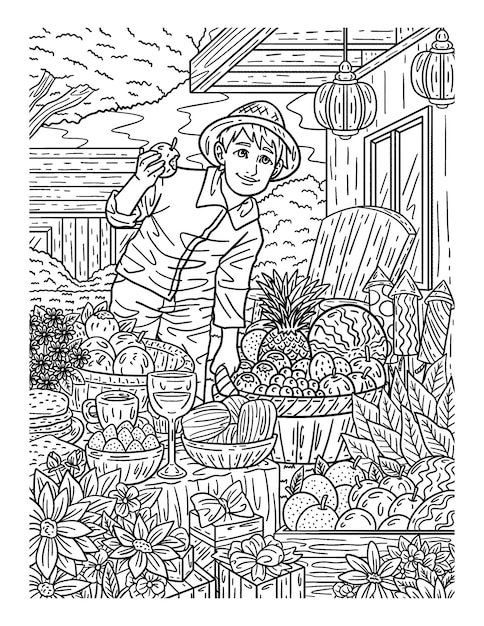 A cute and beautiful coloring page of a Boy with a Basket of Fruits Provides hours of coloring fun for adults