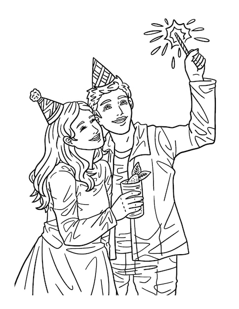 Милая и красивая страница раскраски пары, празднующей Новый год, обеспечивает часы удовольствия для взрослых.