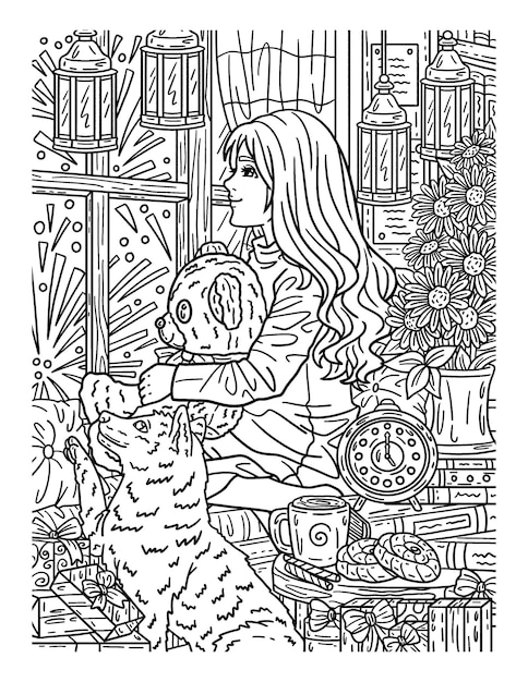 A cute and beautiful coloring page of a Girl Sitting with a Teddy Bear Provides hours of coloring fun for adults