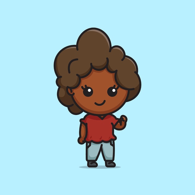 Cute beautiful dark skinned woman with frizzy afro brown hair cartoon character illustration vector