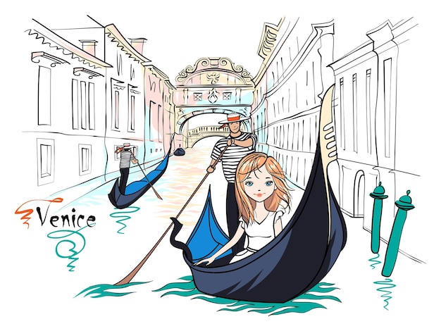 Cute beautiful fashion white girl in gondola venice italia bridge of sighs in the background