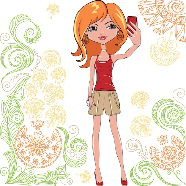 Vector cute beautiful fashionable hipster girl makes selfie on the background of doodles and flowers