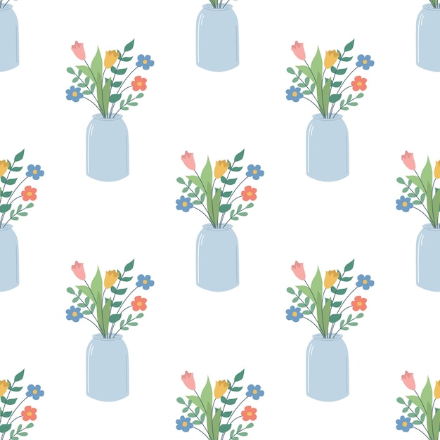 Cute beautiful flowers in a glass jar Vector seamless pattern