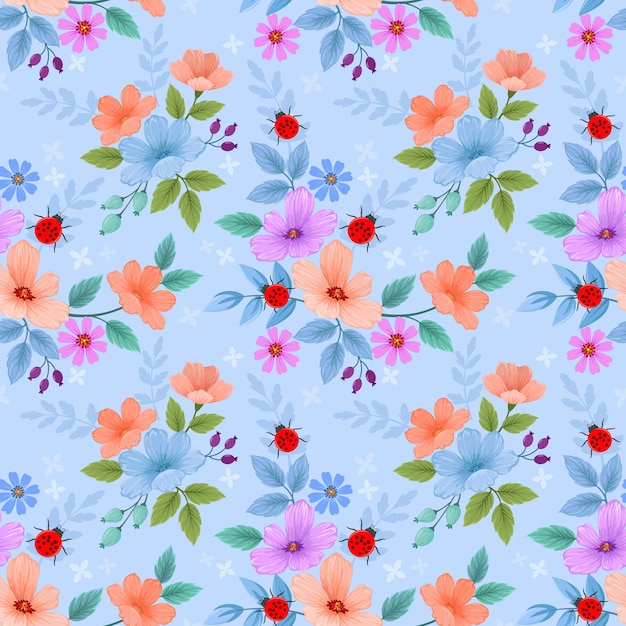 Cute beautiful flowers and ladybug on blue color background seamless pattern