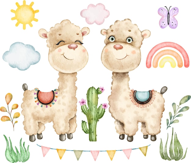 Vector cute beautiful funny llamas cacti leaves rainbow and clouds painted in watercolor