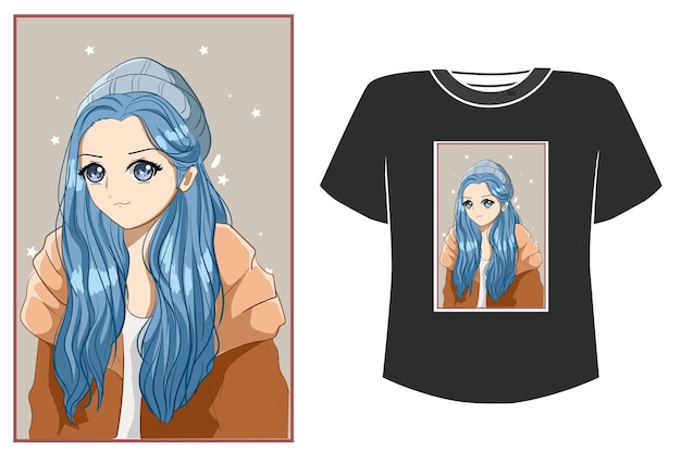 Cute and beautiful girl blue hair cartoon illustration