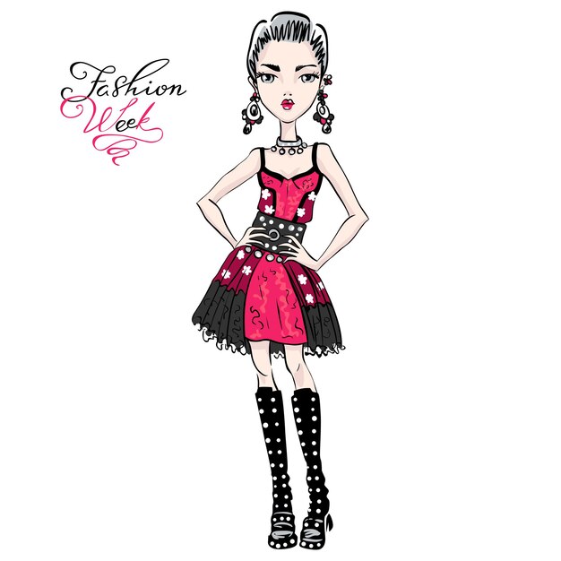 Vector cute beautiful girl in red and black dress