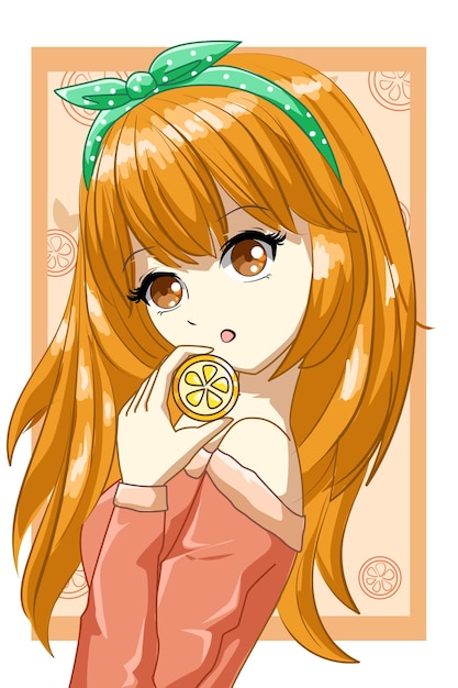 Симпатичная и красивая девушка с апельсином в летнем дизайне персонажа из мультфильма