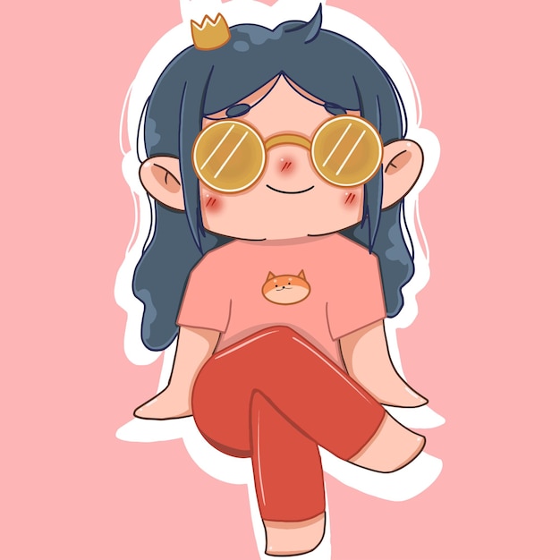 Vector cute beautiful girl in yellow glasses sitting cross legged anime