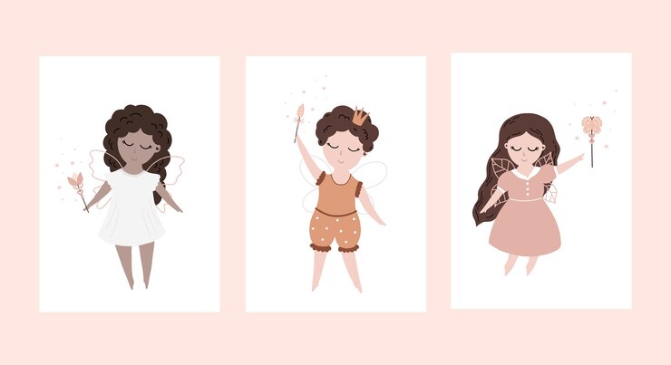 Vector 귀여운 아름다운 작은 요정 세트 만화 터 일러스트레이션 아기 요정 공주 손으로 그려진 illust