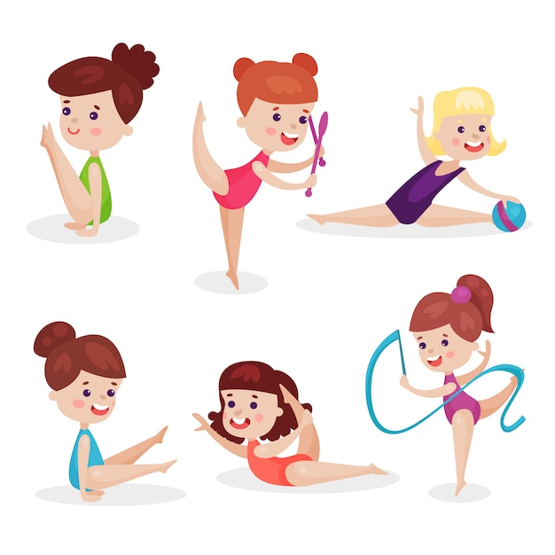 Вектор Милые красивые маленькие девочки, выполняющие гимнастические упражнения, молодые гимнастки с лентой, мячом и булавами красочные иллюстрации