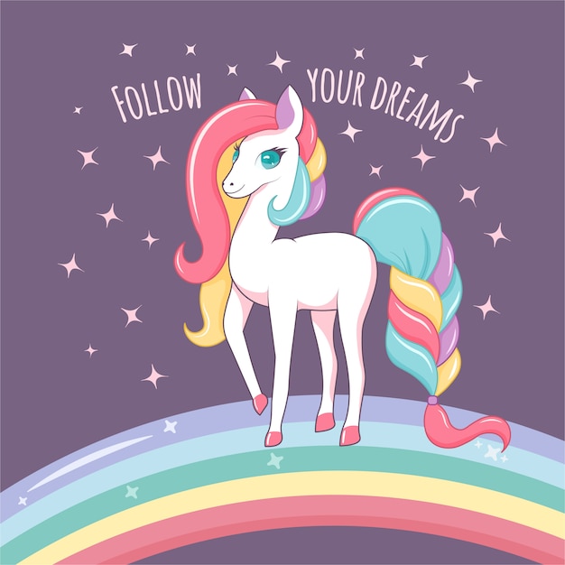 Simpatico bellissimo unicorno con arcobaleno e scritta segue i tuoi sogni