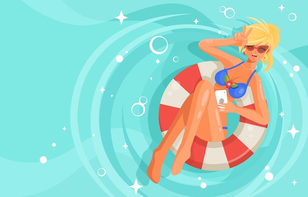 Vector cute beautiful woman in bikini swimming in the pool
