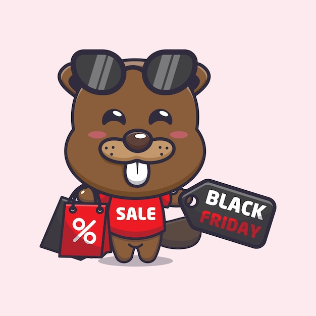 Cute beaver in black friday cartoon mascot illustration