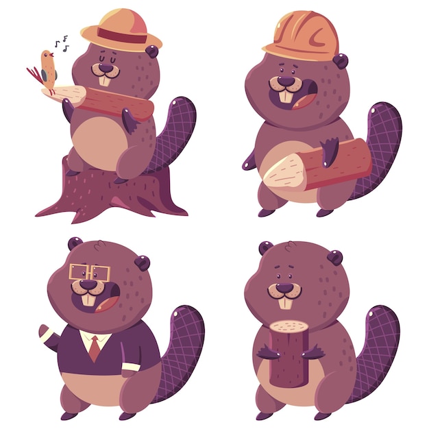 Cute beaver cartoon characters set isolated on a white background.