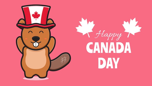 Vector cute beaver character celebrated canada day cartoon icon illustration.