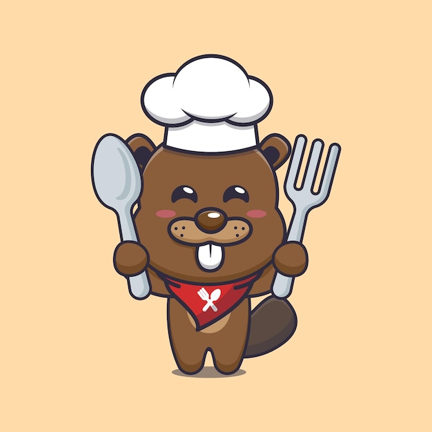 cute beaver chef mascot cartoon character holding spoon and fork