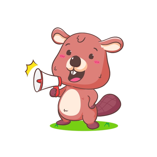 Cute Beaver holding megaphone Cartoon Character Mascot vector illustration Adorable Animal Concept