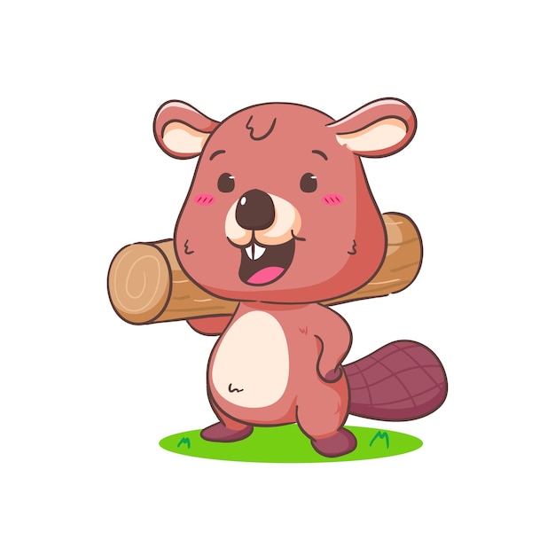 Cute Beaver holding wood Cartoon Character Mascot vector illustration Adorable Animal Concept Design