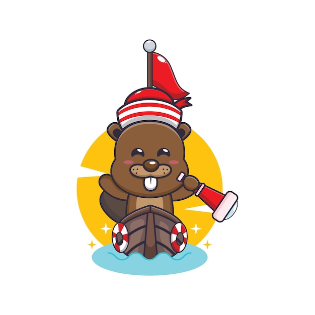 cute beaver mascot cartoon character on the boat
