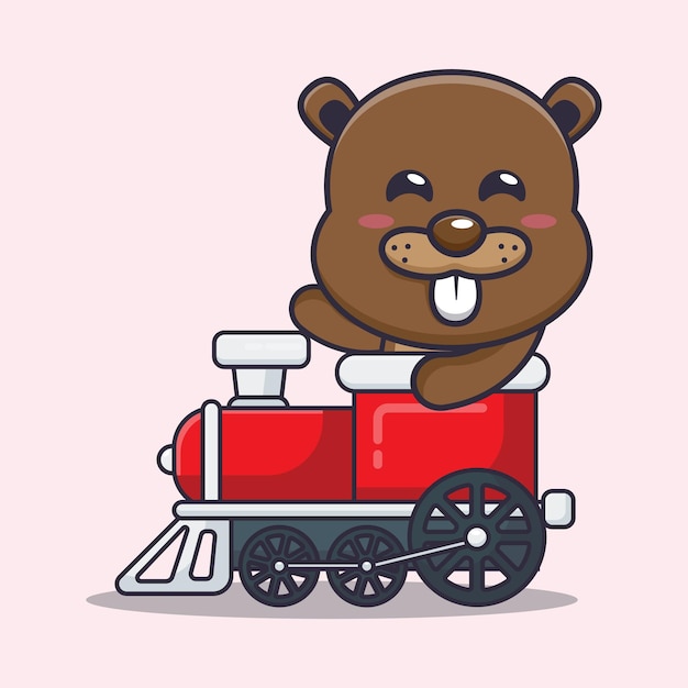 Cute beaver mascot cartoon character ride on train