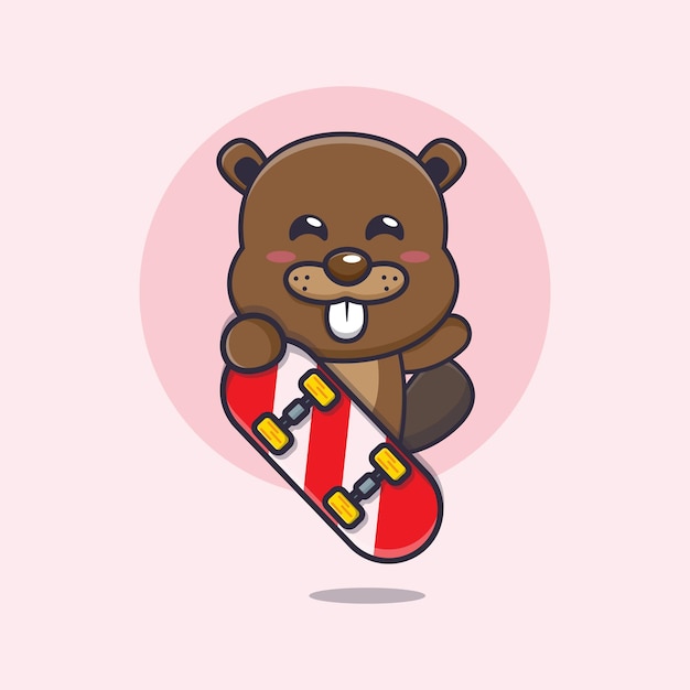 Simpatico personaggio dei cartoni animati della mascotte del castoro con lo skateboard