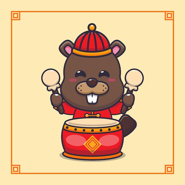 중국 새 해에 드럼을 치는 귀여운 비버 만화 벡터 일러스트