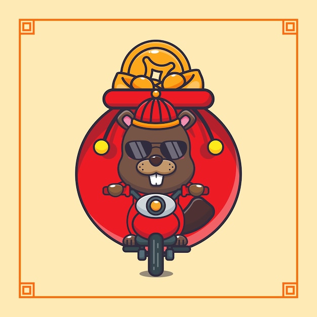 Cute beaver riding a motorcycle with a lot of gold in chinese new year