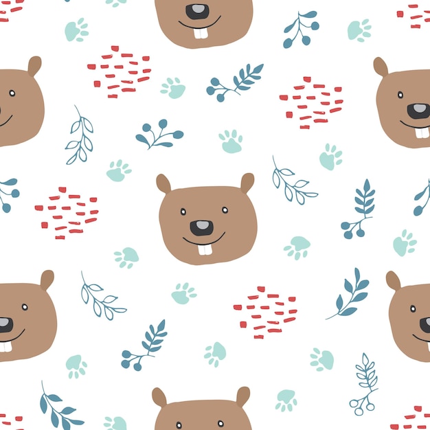 Cute Beaver Seamless pattern Vector illustration