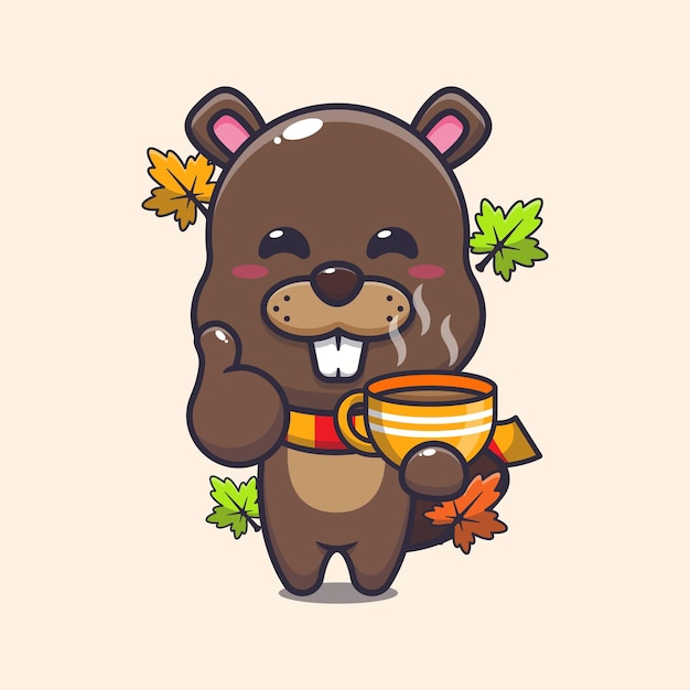 Cute beaver with coffee in autumn season