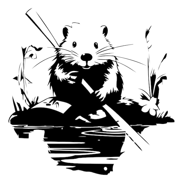 Cute beaver with a stick in the water vector illustration