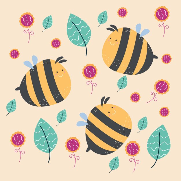 Cute bee activity character flat cartoon vector template design illustration