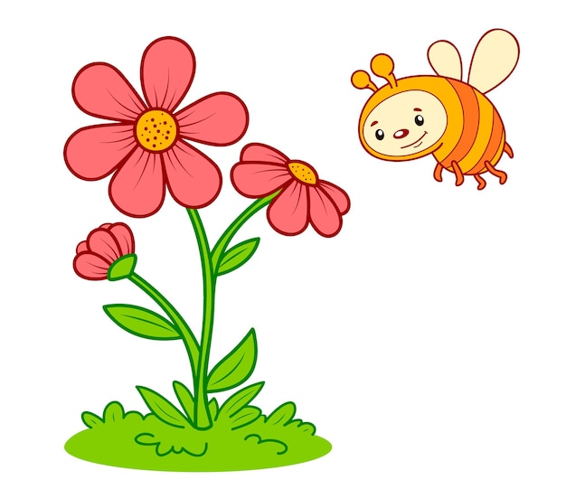 귀여운 꿀벌 만화입니다. 꿀벌과 꽃 클립 아트 벡터 일러스트 레이 션